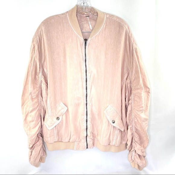 Free People Light Blush Pink Ruched Linen Bomber Zip Up Jacket Sz Small - Picture 3 of 8